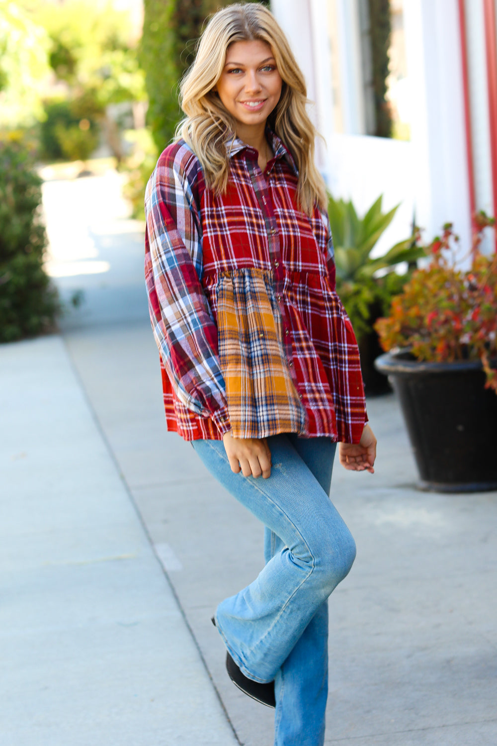 Terracotta & Mustard Plaid Color Block Babydoll Top