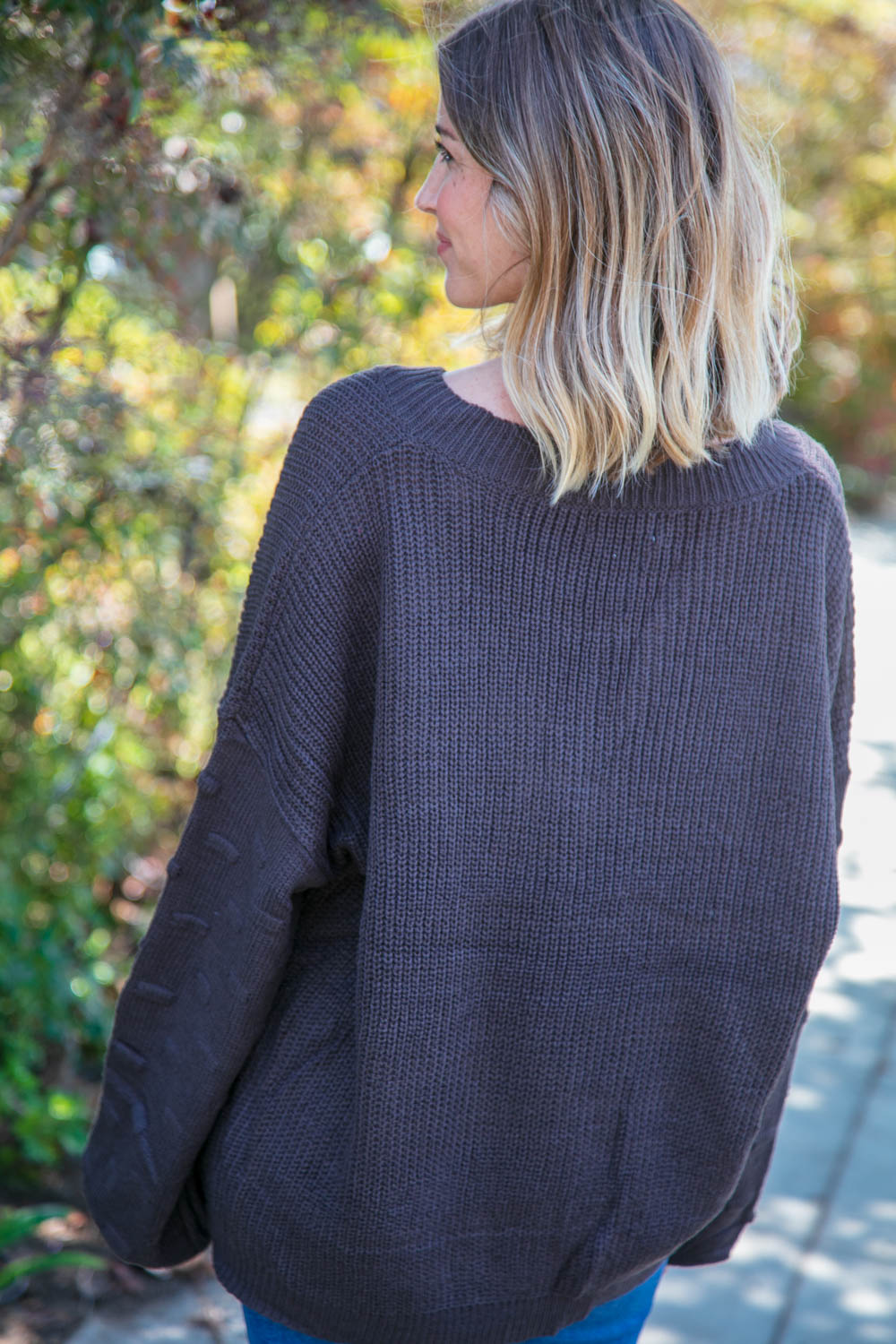 Charcoal Texture Patterned Bubble Sleeve Sweater