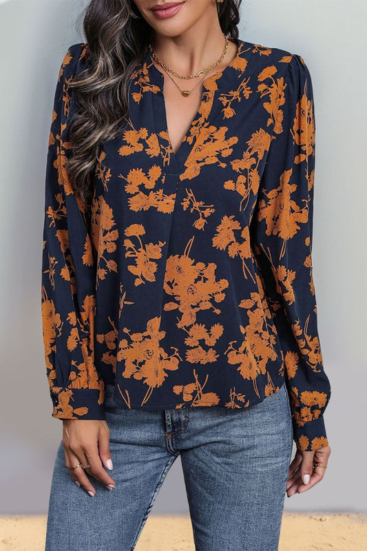 Printed Notched Long Sleeve Blouse