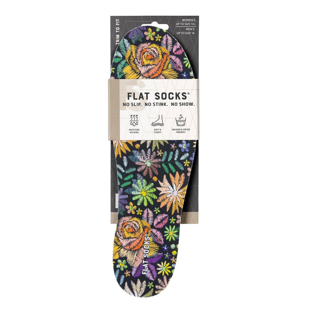 Floral Embroidery FLAT SOCKS: Small (up to Women's 11, Men's 10)