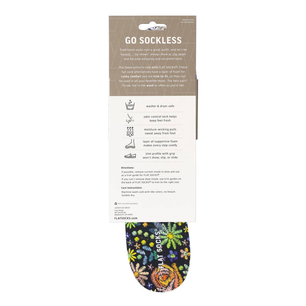 Floral Embroidery FLAT SOCKS: Small (up to Women's 11, Men's 10)