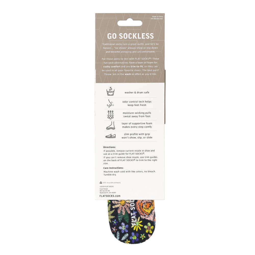 Floral Embroidery FLAT SOCKS: Small (up to Women's 11, Men's 10)