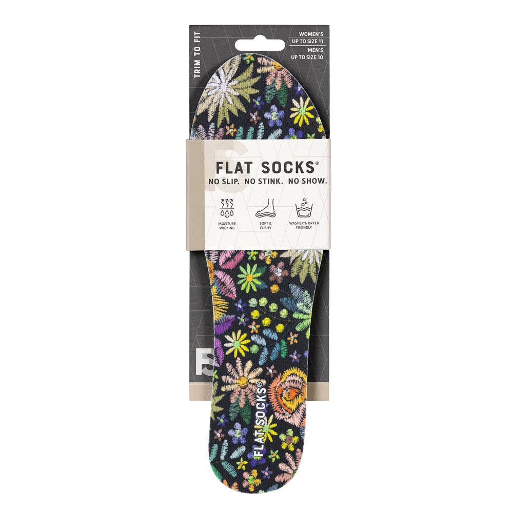 Floral Embroidery FLAT SOCKS: Small (up to Women's 11, Men's 10)