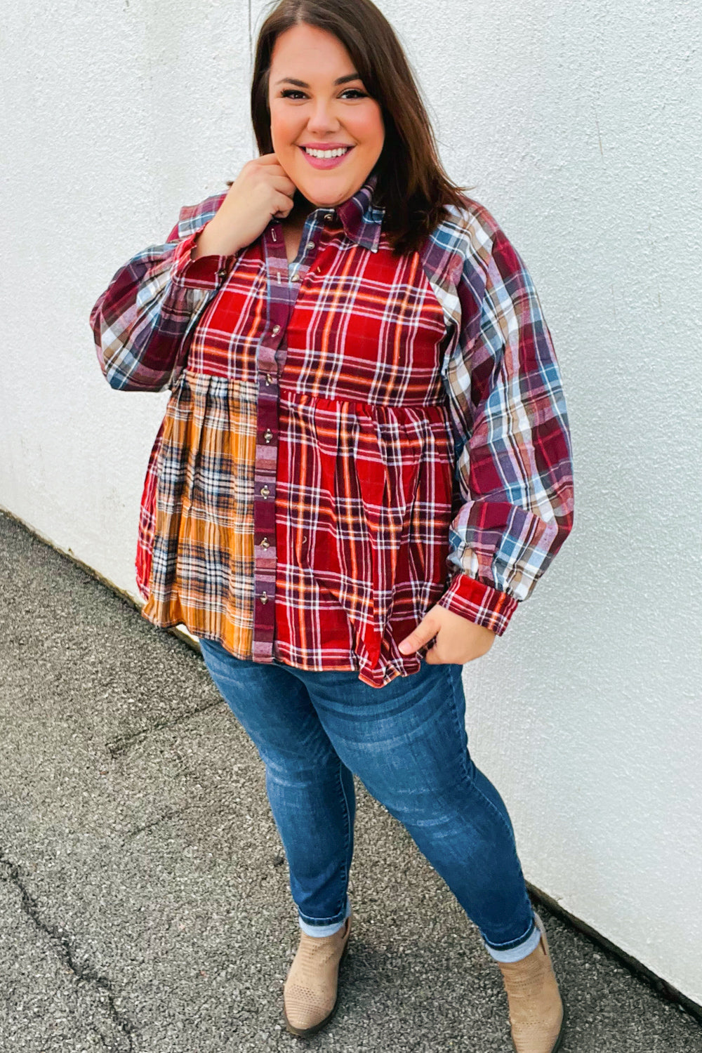 Terracotta & Mustard Plaid Color Block Babydoll Top