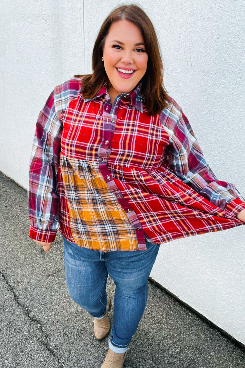 Terracotta & Mustard Plaid Color Block Babydoll Top