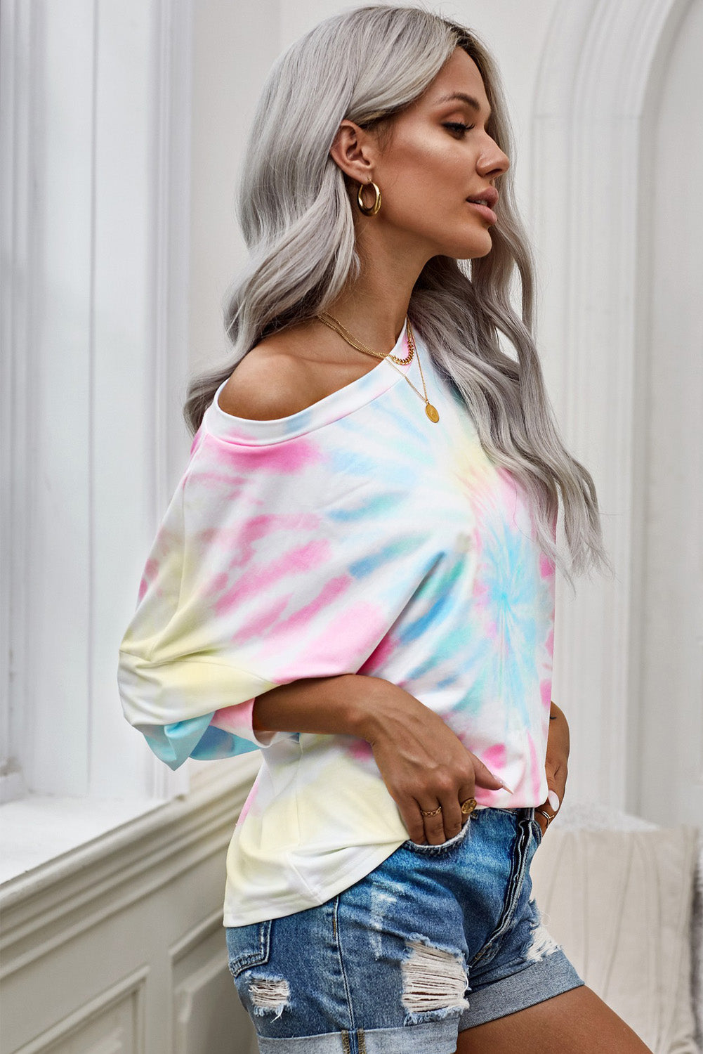 Tie-Dye Boat Neck Batwing Sleeve Tee