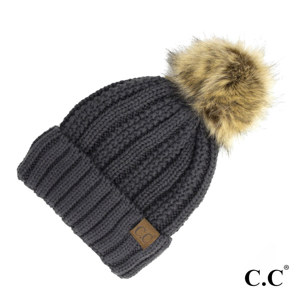CC Beanie Solid Ribbed Beanie Hat with Pom