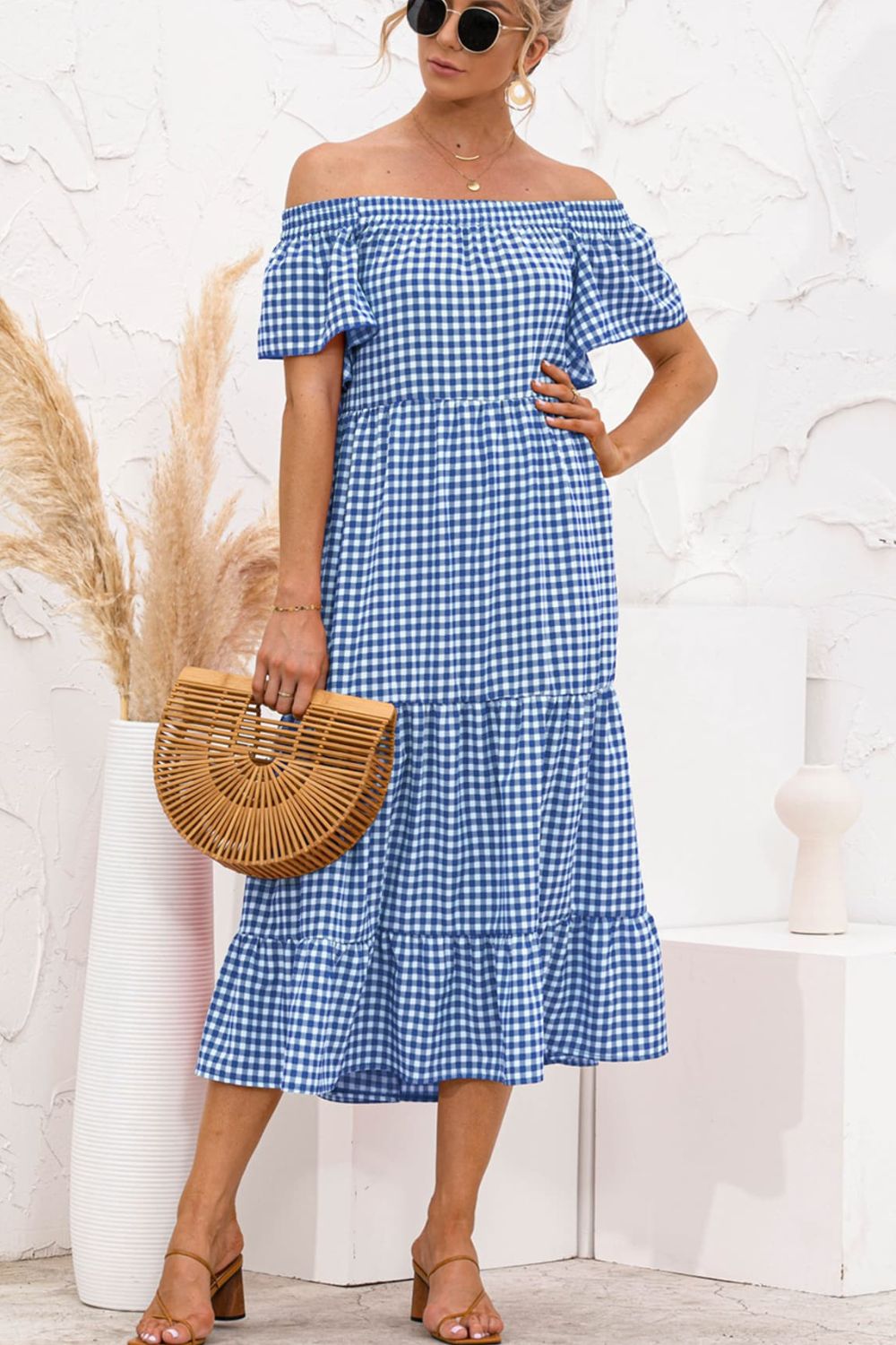 Plaid Off-Shoulder Tiered Midi Dress