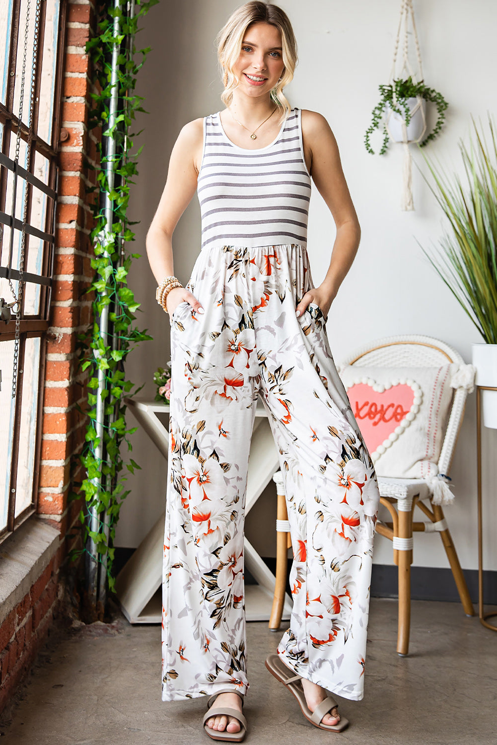 Striped Floral Sleeveless Wide Leg Jumpsuit with Pockets