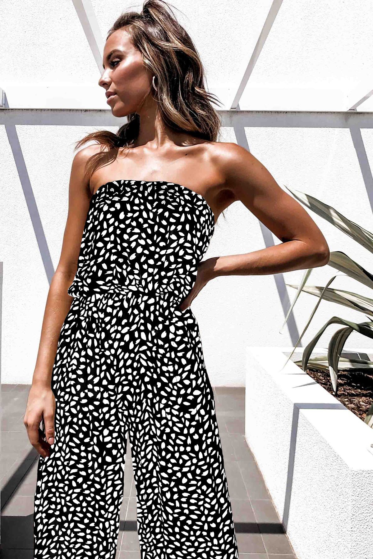 Printed Strapless Tie Waist Wide Leg Jumpsuit