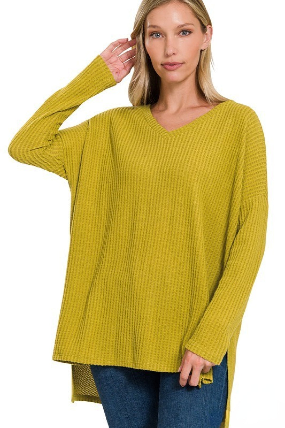 Zenana Plus Brushed Thermal Waffle V-Neck Sweater