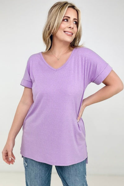 Zenana "Simply Spring" Ribbed V-Neck High-Low Hem Top with Side Slits