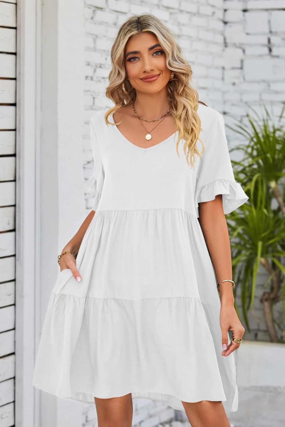 V-Neck Flounce Sleeve Tiered Dress