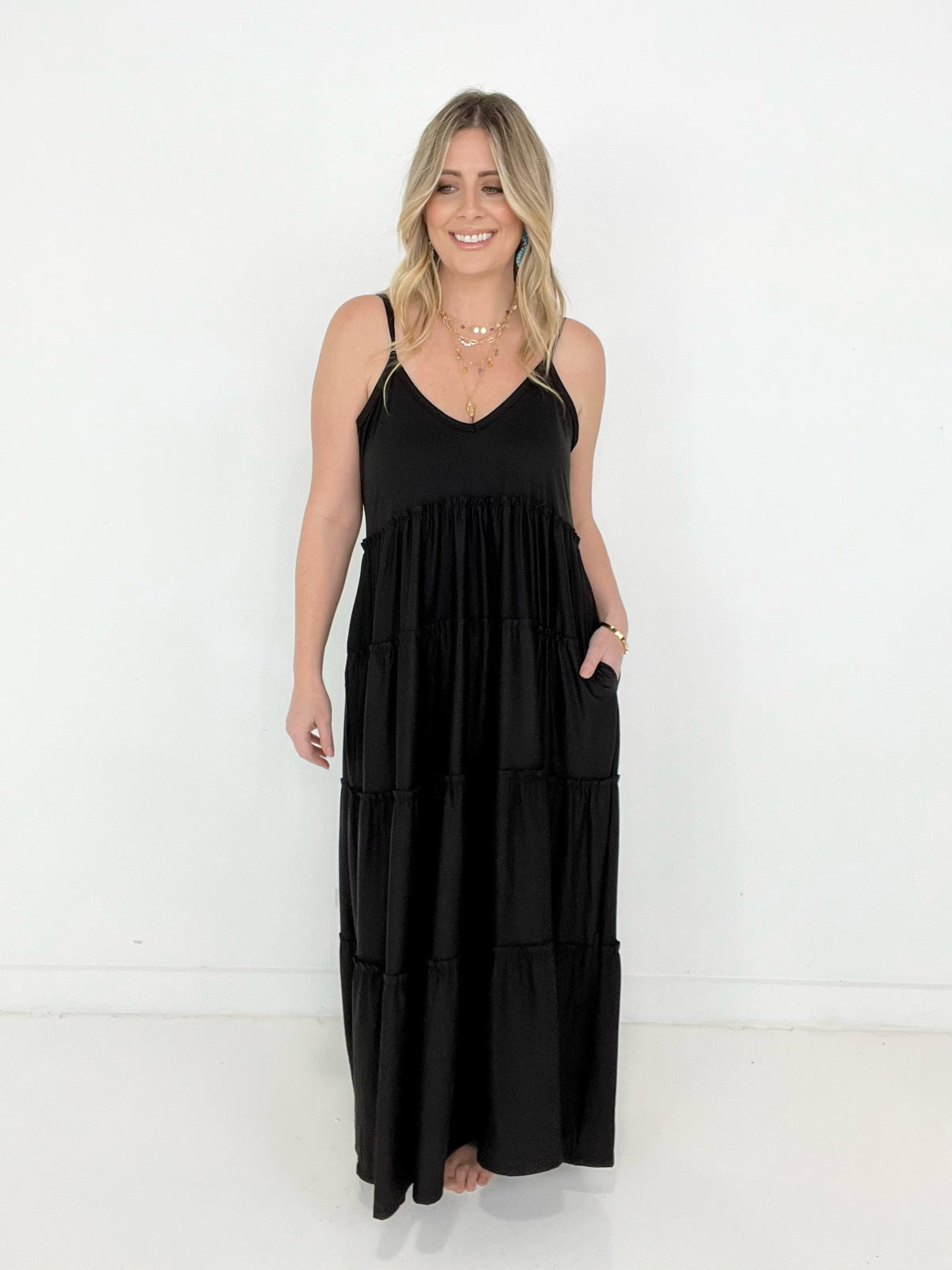 New Colors - Zenana V-Neck Cami Maxi Tiered Dress with Side Pockets