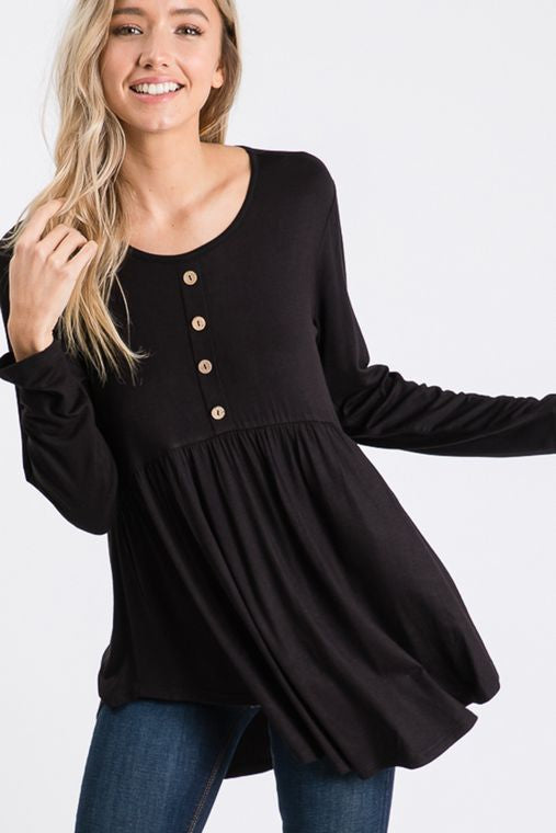 Solid Babydoll Top with Front Buttons