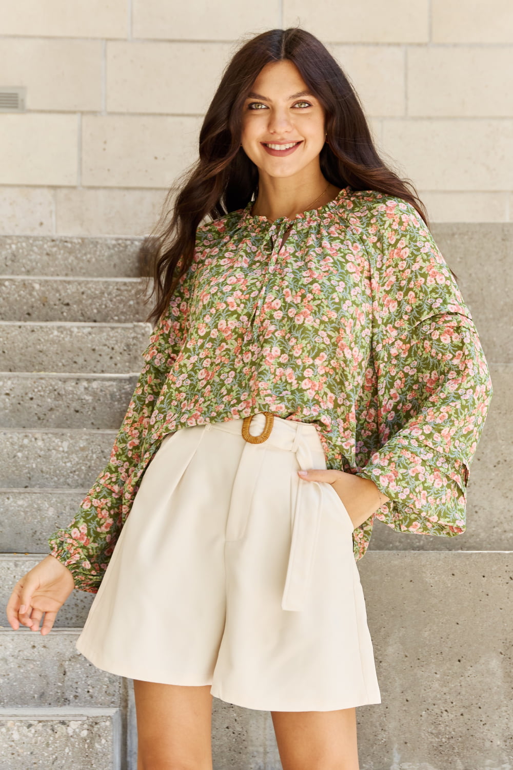 HEYSON She's Blossoming Full Size Balloon Sleeve Floral Blouse