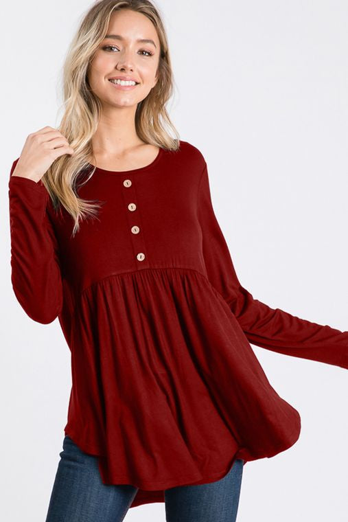 Solid Babydoll Top with Front Buttons