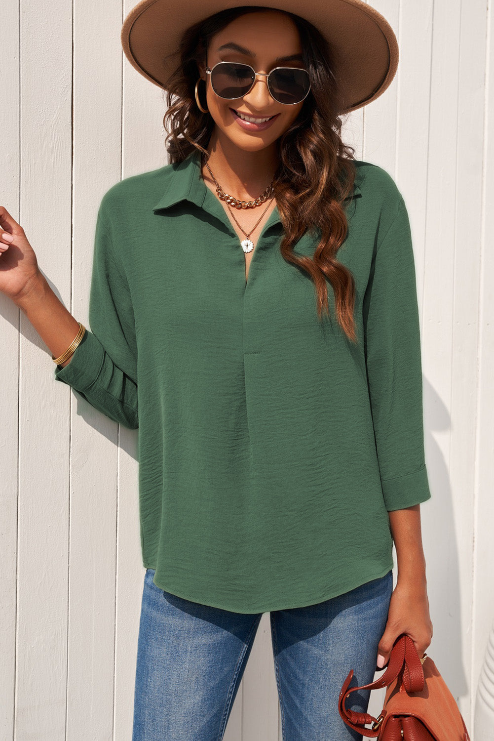 Textured Johnny Collar Three-Quarter Sleeve Blouse