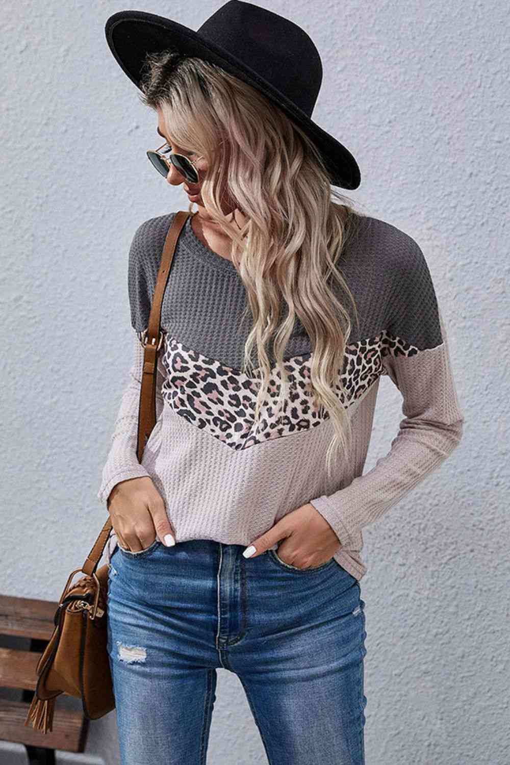 Leopard Color Block Waffle-Knit Long Sleeve Top