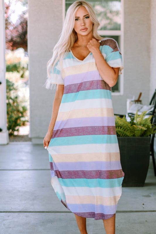 Striped V-Neck Curved Hem Midi Dress