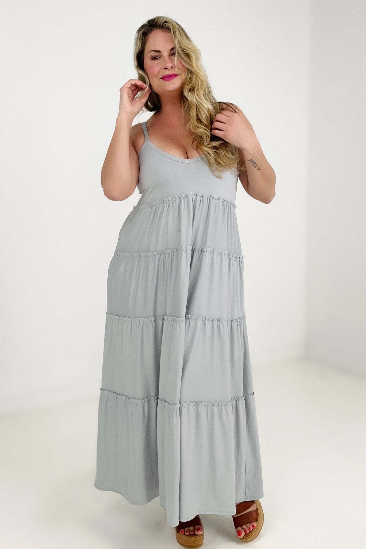 New Colors - Zenana V-Neck Cami Maxi Tiered Dress with Side Pockets