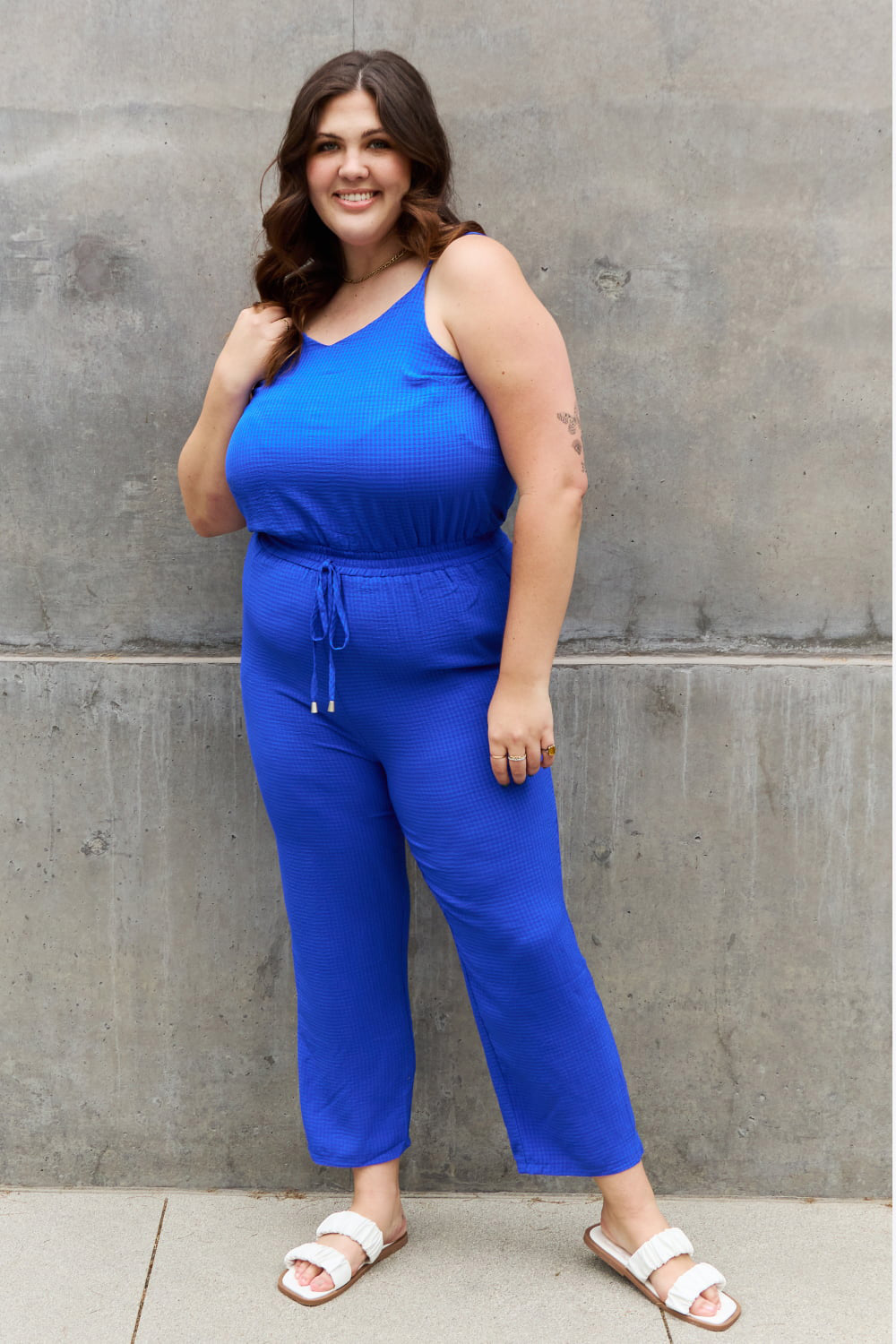 ODDI Full Size Textured Woven Jumpsuit in Royal Blue