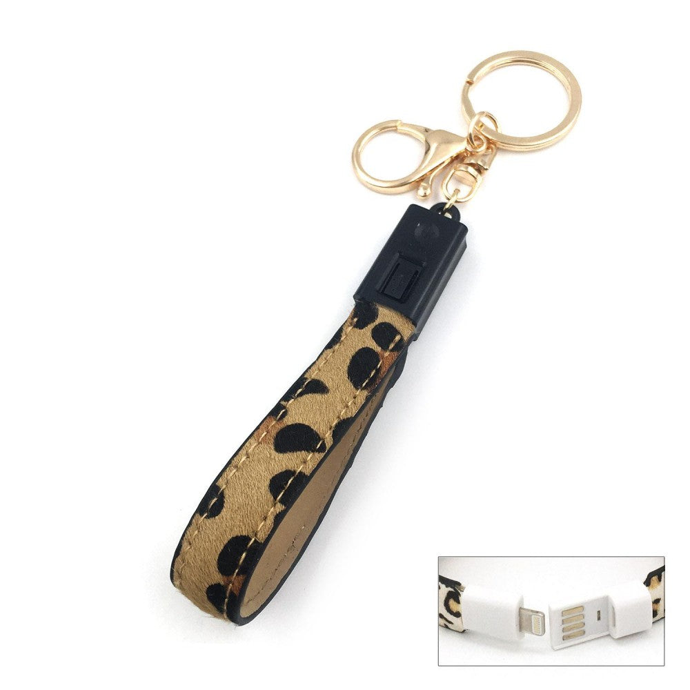 Genuine Leather Animal Print Keychain Featuring Hidden USB Charging Cable