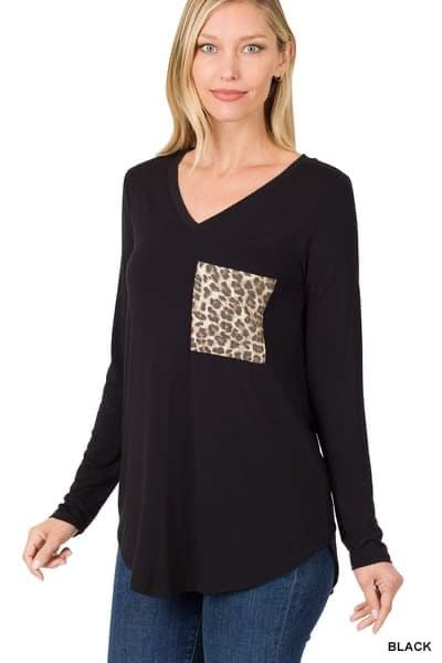 Zenana Cheetah Pocket Black Long Sleeve Top