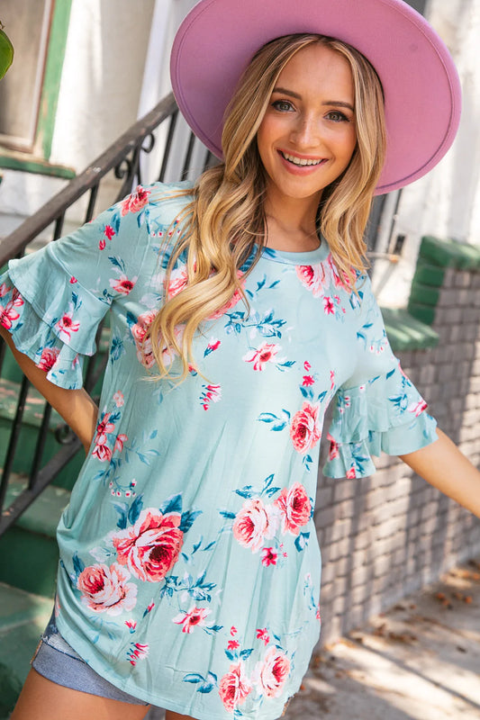 MINT FLORAL DOUBLE RUFFLE SLEEVE TUNIC TOP