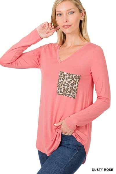 Zenana Cheetah Pocket Rose Long Sleeve Top