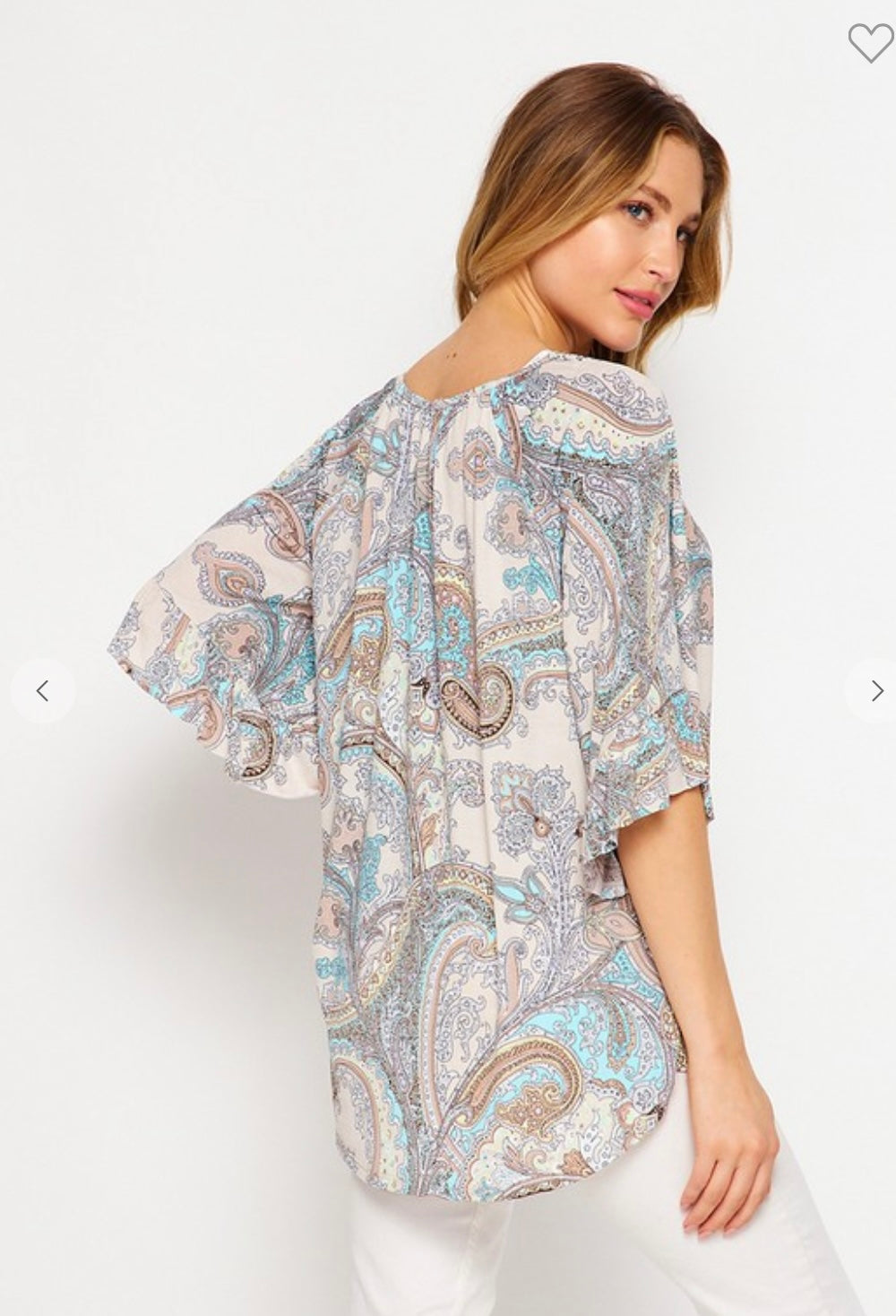 Teal Paisley Ruffle Sleeve Top