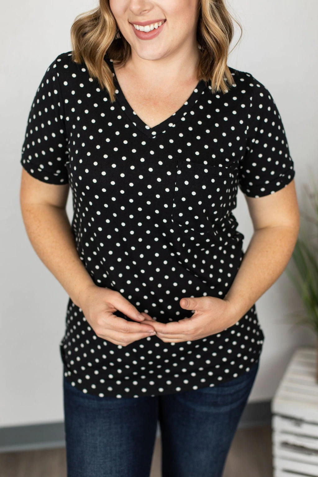 Sophie Pocket Tee- Black Polka Dot