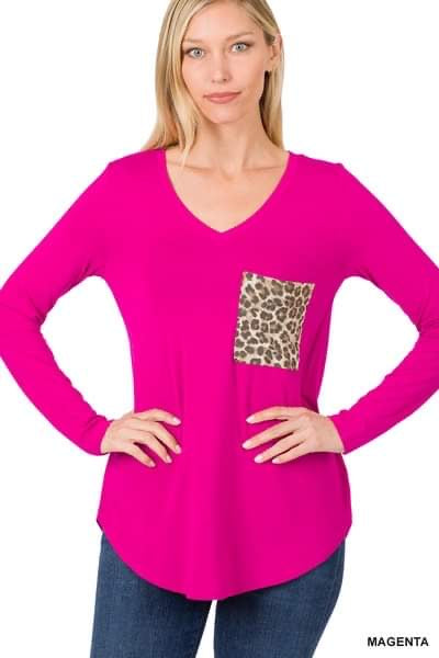 Zenana cheetah pocket Fushia Long Sleeve Top