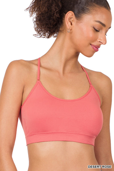 CROSS BACK PADDED SEAMLESS BRA WITH ADJUSTABLE STRAPS