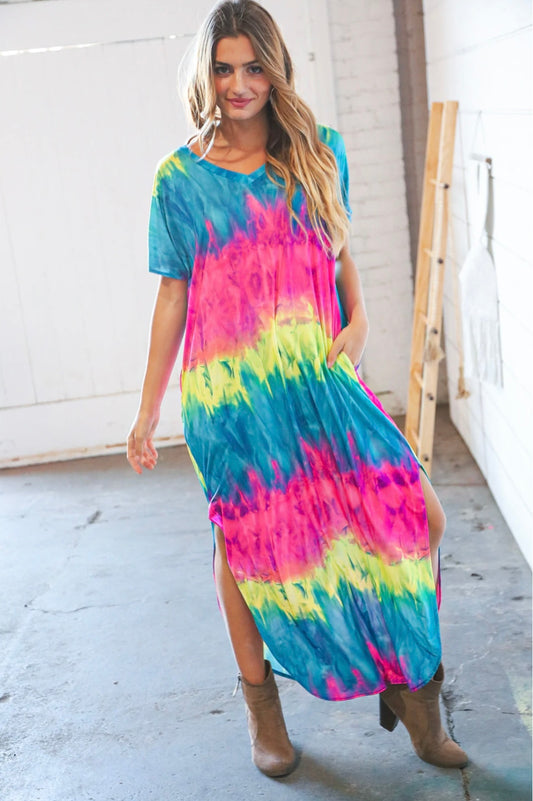 MULTICOLOR TIE DYE V NECK SIDE SLIT POCKETED MAXI DRESS