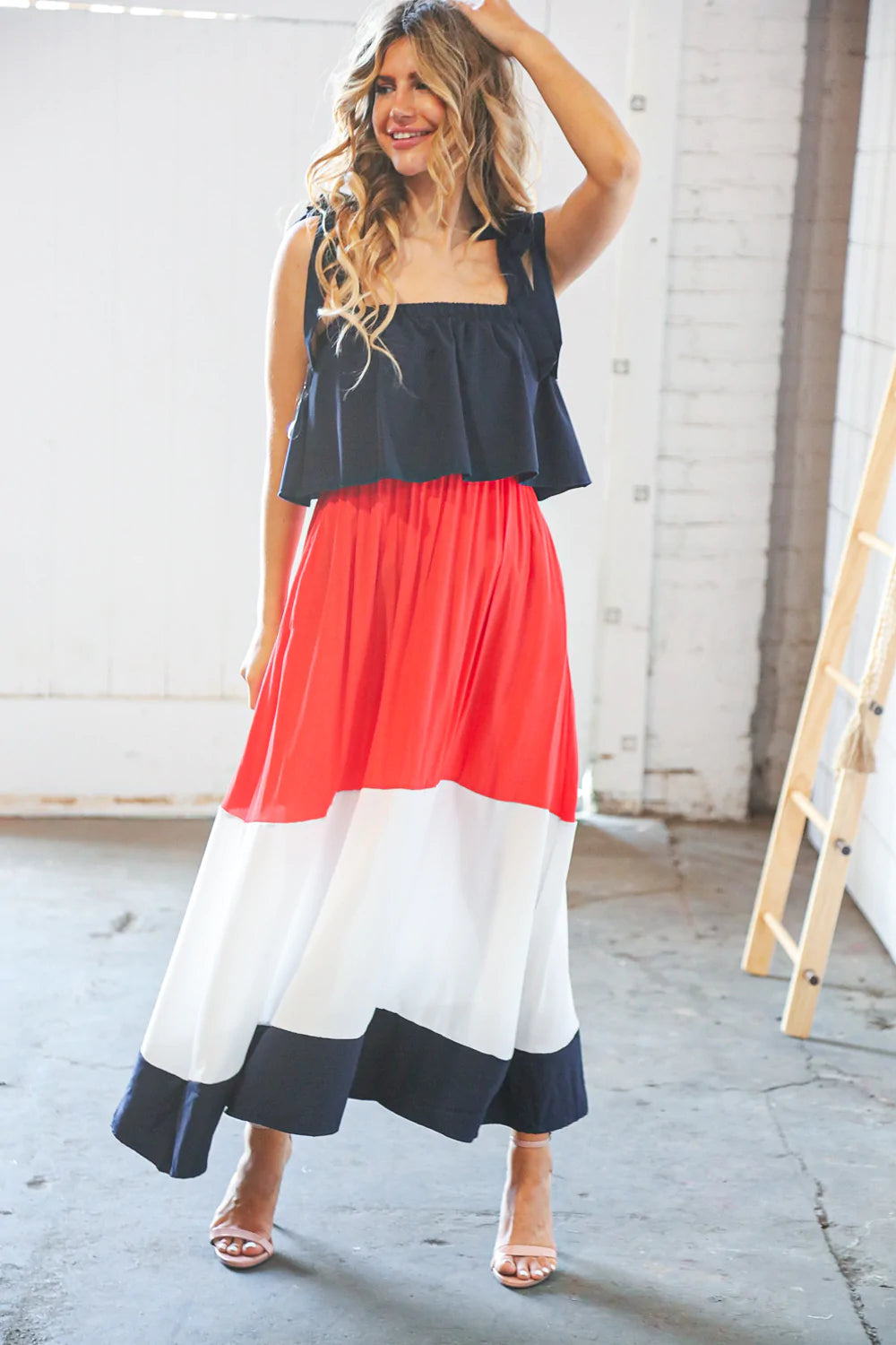 NAVY & RED COLOR BLOCK TIERED SHOULDER TIE RUFFLE MAXI DRESS