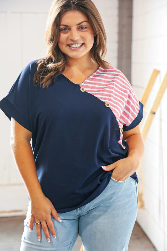 NAVY & RED STRIPE BUTTON V NECK DOLMAN SLEEVE TOP