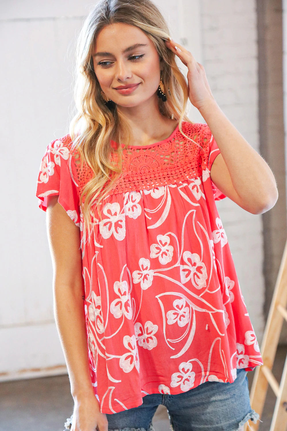 CORAL SMOCKED EMBROIDERED FLUTTER SLEEVE WOVEN TOP