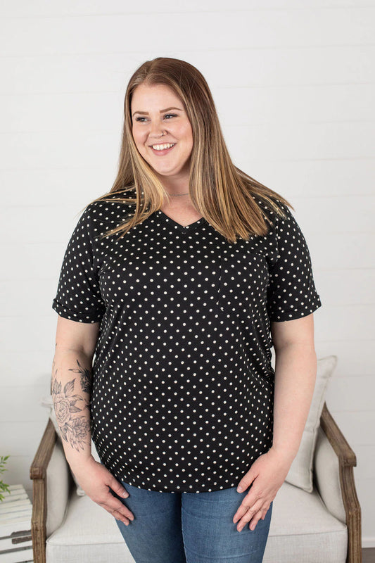 Sophie Pocket Tee- Black Polka Dot