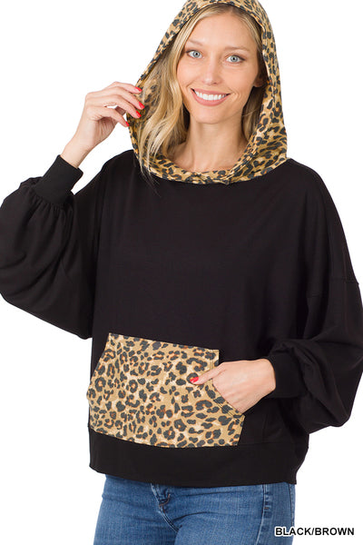 Zenana Black W/ Cheetah Pocket & Hood Pullover
