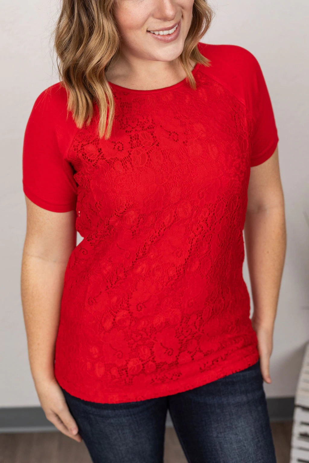 Juliet Lace Front Tee- Red