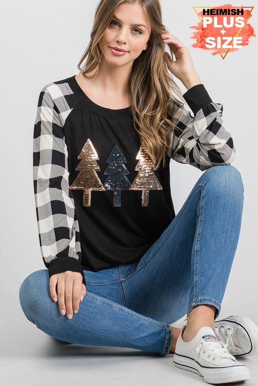 PLUS SOLID AND PLAID TOP WITH CHRISTMAS TREE