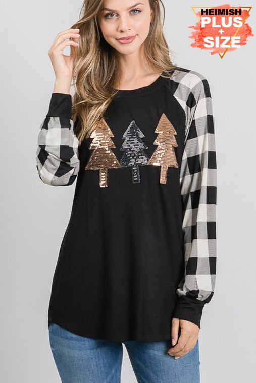 PLUS SOLID AND PLAID TOP WITH CHRISTMAS TREE