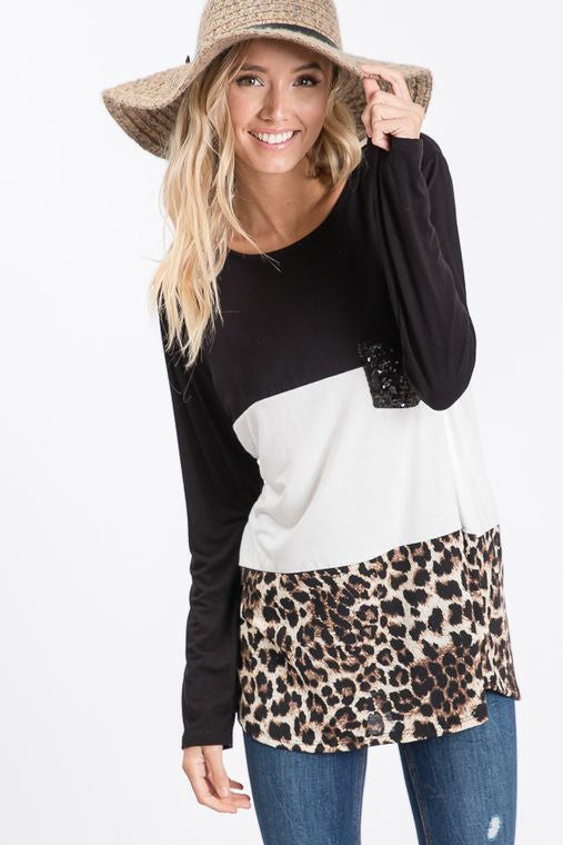 SOLID AND ANIMAL TOP WITH SEQUINS POCKET