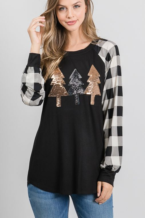 SOLID AND PLAID TOP WITH CHRISTMAS TREE