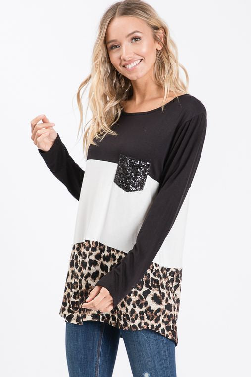 SOLID AND ANIMAL TOP WITH SEQUINS POCKET