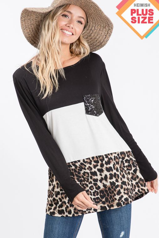PLUS SOLID AND ANIMAL TOP WITH SEQUINS POCKET