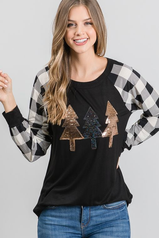 SOLID AND PLAID TOP WITH CHRISTMAS TREE