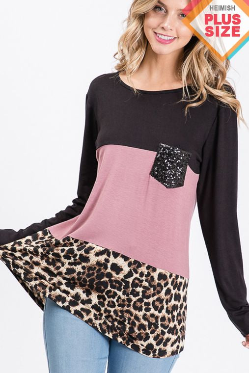 PLUS SOLID AND ANIMAL TOP WITH SEQUINS POCKET